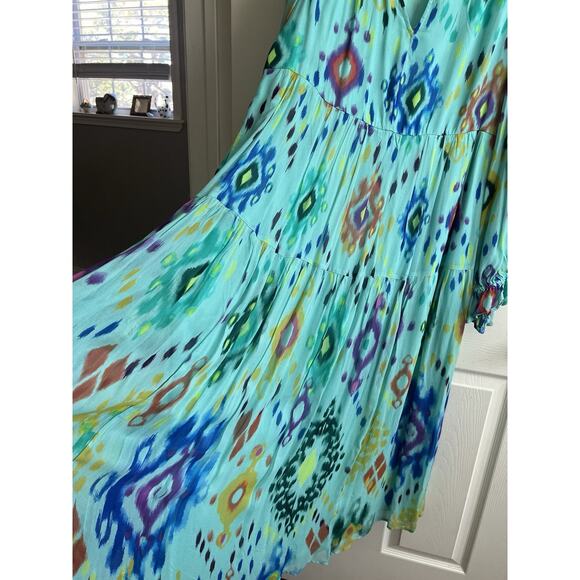 ANTHROPOLOGIE Serenade Turquoise Ikat Pullover Boho Maxi Dress Sz M *FLAW* - Picture 7 of 15